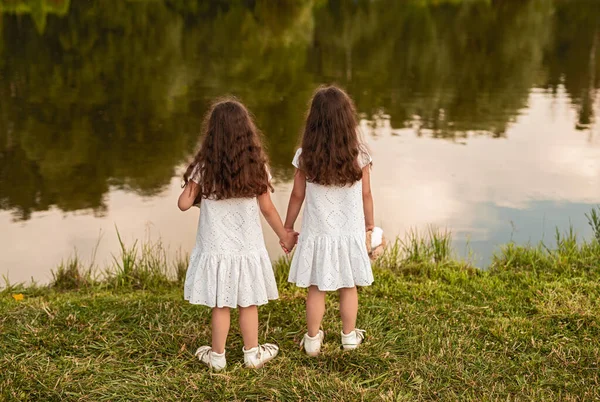 Gêmeos anônimos de mãos dadas perto do lago — Fotografia de Stock