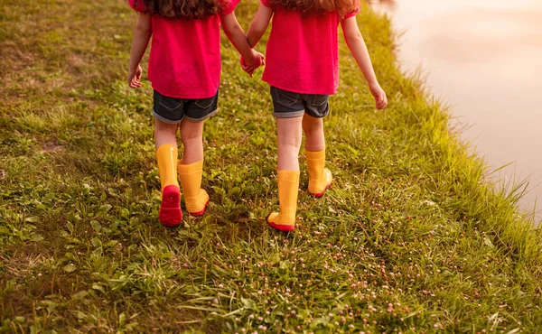 Crop sisters walking near water in park — 스톡 사진