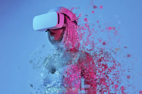 Futuristic woman immersing into virtual reality — Stock Photo, Image