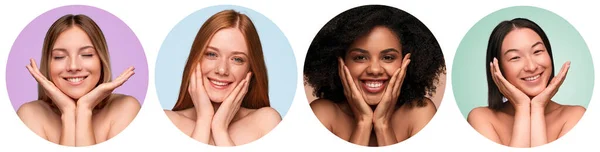 Happy multiracial women touching faces