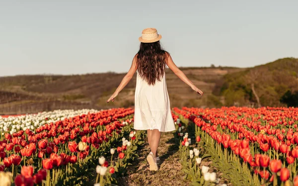 Unerkennbare Frau läuft in Tulpenfeld — Stockfoto