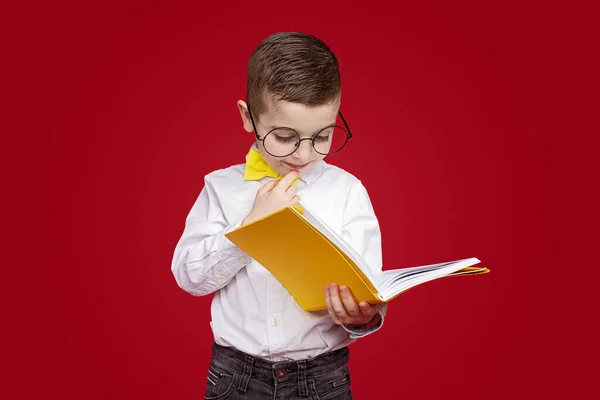 Smart pojke i glasögon läser lärobok — Stockfoto