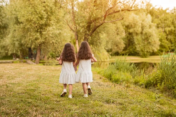 Parkta yürüyen küçük ikiz kızlar — Stok fotoğraf