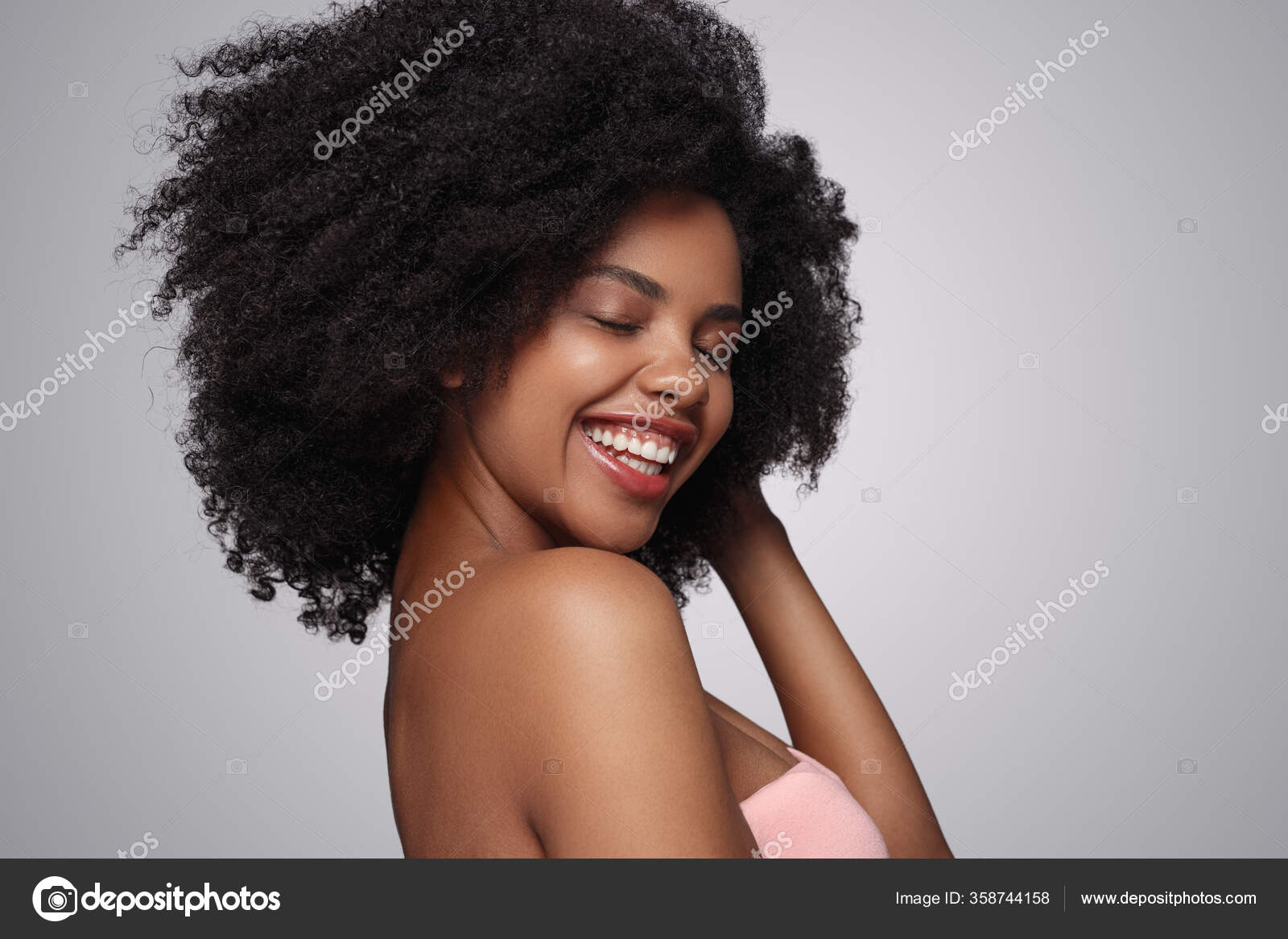 Side View Optimistic African American Lady Smiling Closed Eyes Touching  Stock Photo by ©kegfire 358744158