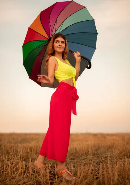 Mulher graciosa com guarda-chuva andando em campo — Fotografia de Stock