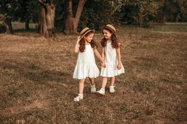 Irmãs gêmeas andando no parque juntos — Fotografia de Stock