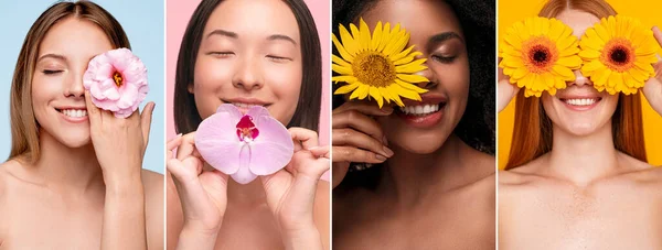 Örömteli, változatos nők virágokkal — Stock Fotó