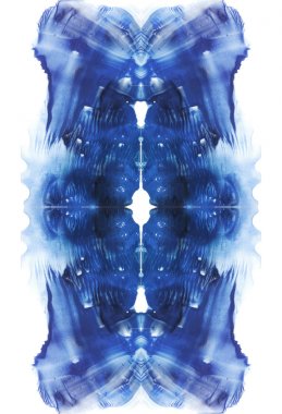 Rorschach Rorchar testi kartı. Soyutlama simetrik arka plan. Mavi suluboya resim.