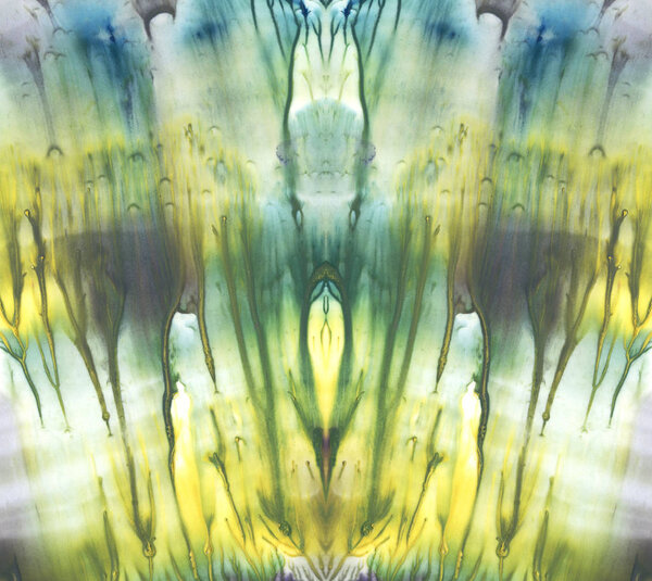 Яркий симметричный фон. Синий, фиолетовый, белый и желтый пигменты. Абстрактная акварель
.