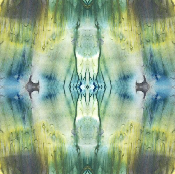 Калейдоскоп. Яркий симметричный фон. Синий, фиолетовый, зеленый, белый и желтый пигменты. Абстрактная акварель. Бесшовный рисунок
.