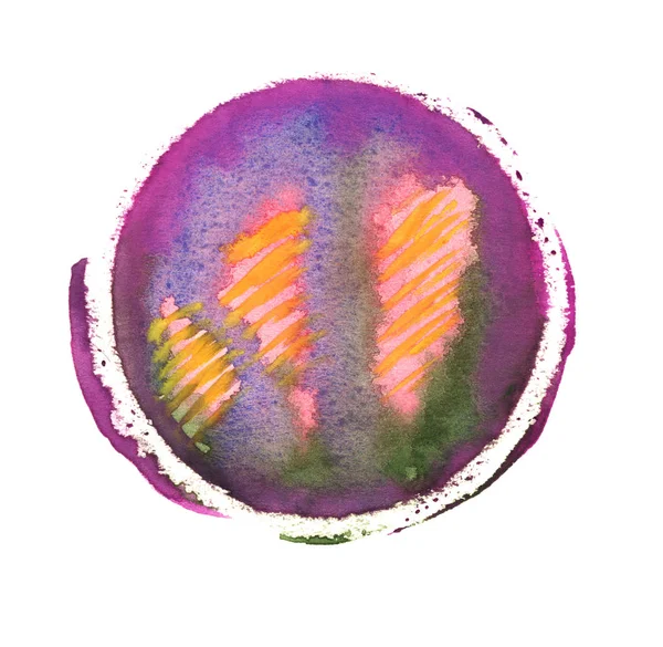 紫罗兰 粉红色和黄色的水彩圆圈 五颜六色的手工制作的设计元素 橙色湿的手画圆形飞溅圈 格朗格彩绘球体 抽象绘画 — 图库照片