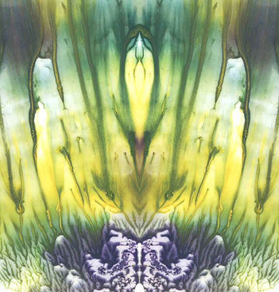 Яркий симметричный фон. Синий, зеленый, белый и желтый пигменты. Абстрактная акварель
.