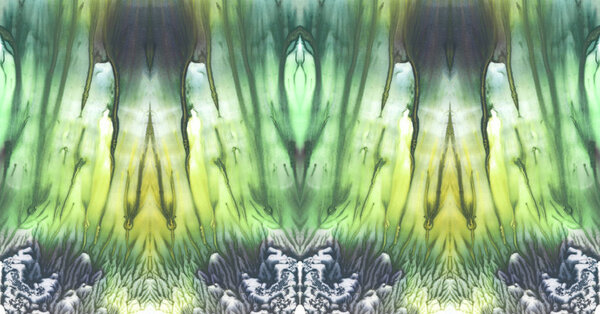 Яркий симметричный фон. Синий, зеленый, белый и желтый пигменты. Абстрактная акварель
.