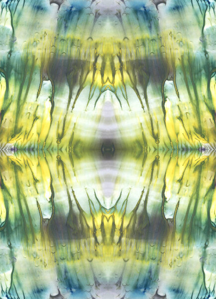 Калейдоскоп. Яркий симметричный фон. Синий, фиолетовый, зеленый, белый и желтый пигменты. Абстрактная акварель. Бесшовный рисунок
.