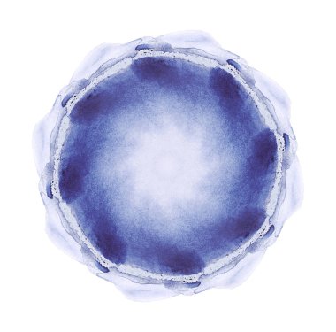 Renkli sulu boya küre. Renkli sulu boya tasarım öğeleri. Mavi ıslak el yuvarlak leke daire boyalı. Simetrik soyut resim. Mavi, Camgöbeği ve masmavi pigmentler.