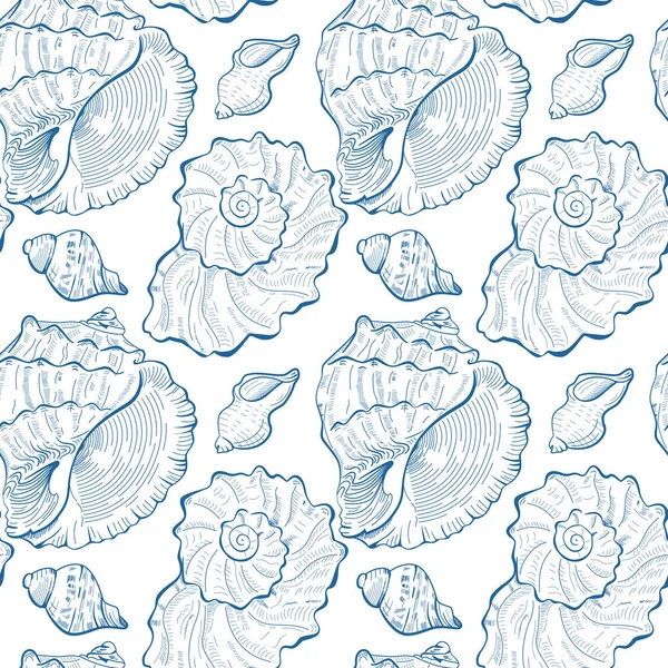 手绘贝壳的蓝色无缝图案。夏日 backg — 免费的图库照片