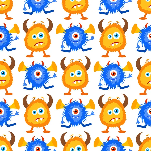 Funny cartoon blue and yellow fluffy monster seamless pattern. — Free Stock Photo