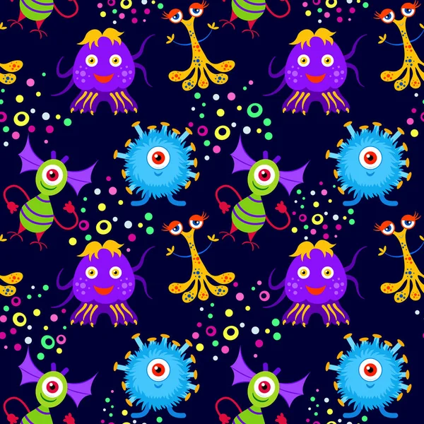 Funny cartoon monster seamless pattern on dark background. — Free Stock Photo