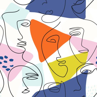 Modern one line face seamless pattern with abstract background. For fabric, cards, print. Bright, rich colors. Women's faces. vector Modern one line face seamless pattern with abstract background. For fabric, cards, print. Bright, rich colors. Women's faces. vector