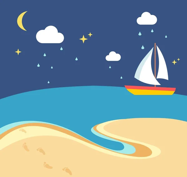 Пляжна сцена з вітрильним човном на ніч — стоковий вектор