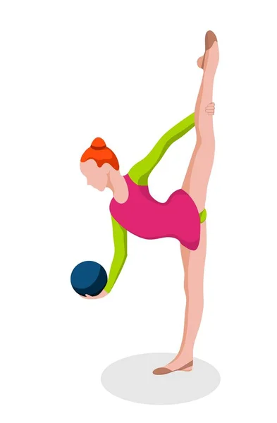 Дівчина робить вправи з ритмічної гімнастики з синім гімнастичним м'ячем. Ізольовані — стоковий вектор