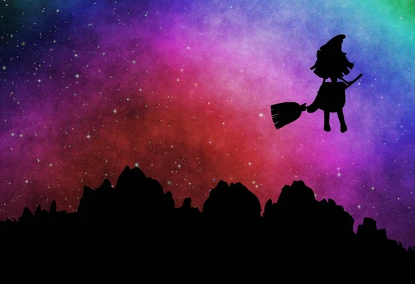 Cartoon-Hexensilhouette fliegt am Abend auf Besenstiel — Stockfoto