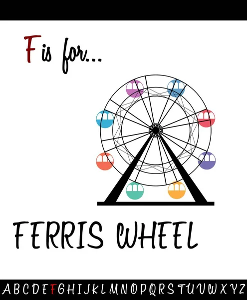 Cartão de planilha de vocabulário ilustrado F é para FERRIS WHEEL —  Vetores de Stock