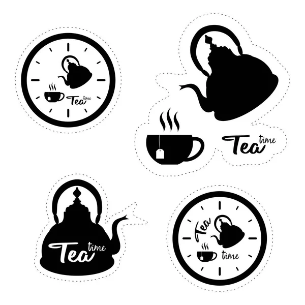 Set van vier labels met silhouetten van klokken, thee potten en bekers — Stockvector