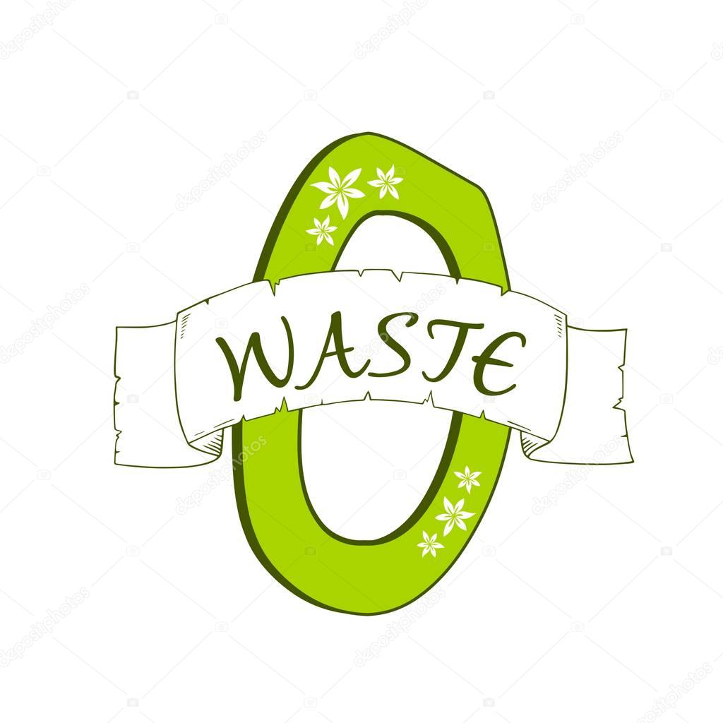 Zero waste trendy green logo, symbol, sign or design element with ribbon isolated on white background