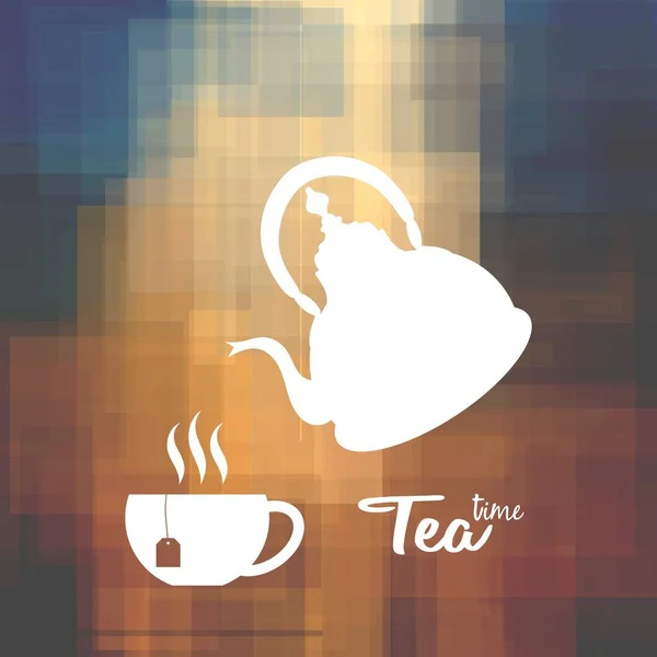 Hora del té con tetera y silueta de taza sobre fondo de mosaico — Foto de Stock