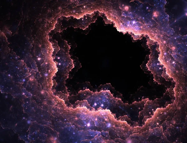 Abstrato iluminado buraco de nuvens fractais com brilho da lente sobre fundo preto. Arte fractal — Fotografia de Stock