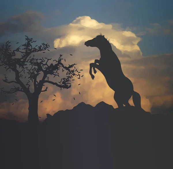 Dark landscape with wild horse and tree — Stock Photo, Image
