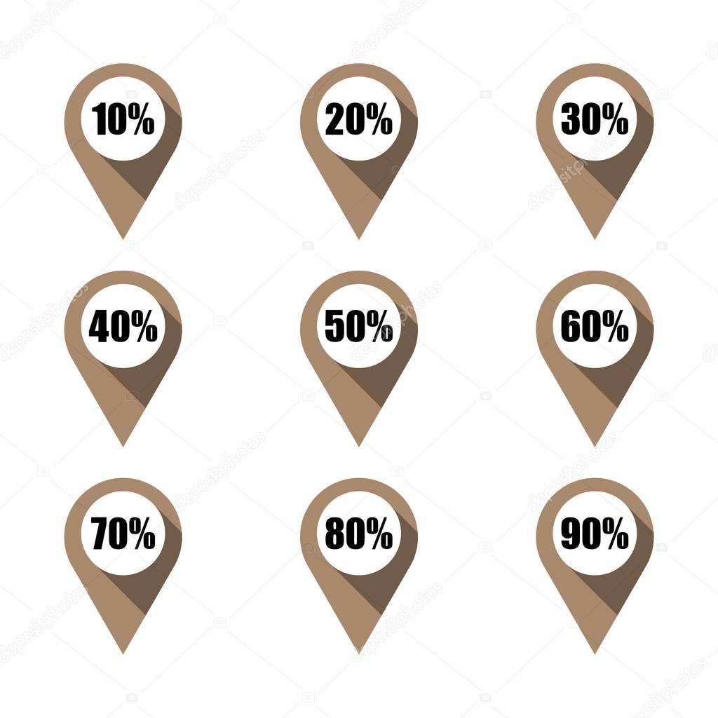 Set of brown map pins with different percentage. Isolated