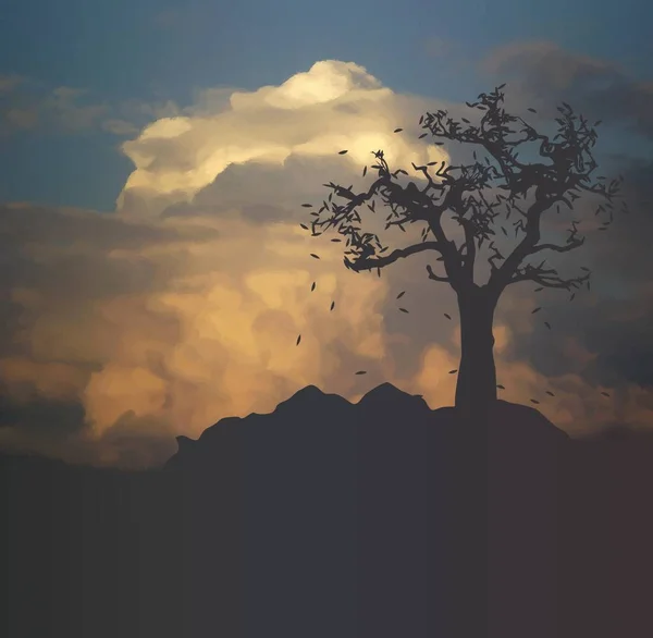 Paisagem escura com silhueta de árvore — Fotografia de Stock
