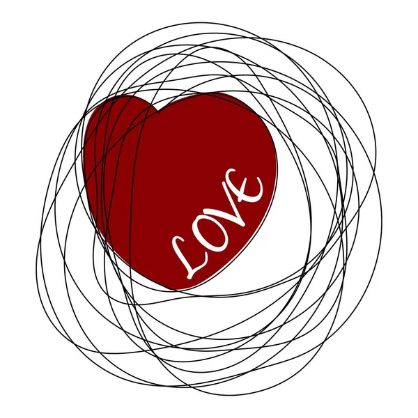 Handgezeichnetes Kritzelobjekt mit Herz und Wort Liebe isoliert auf weißem Hintergrund — Stockvektor