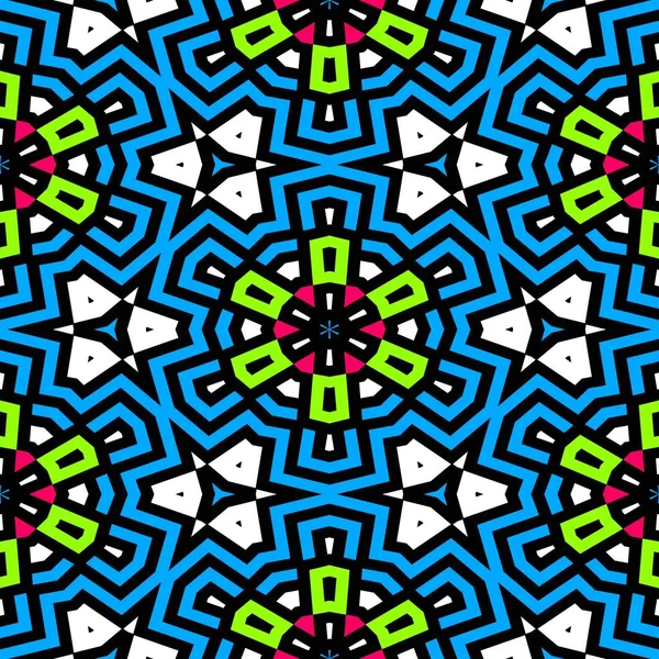 Beautiful seamless mosaic pattern in blue, green, black, white and red color with black lines