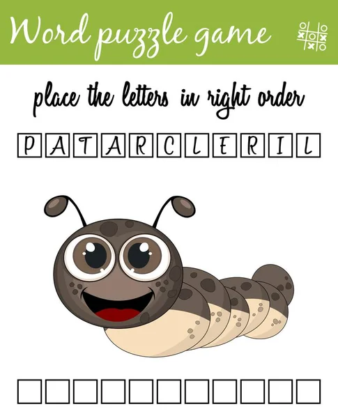 Palabras juego de puzzle con oruga. Pon las letras en orden correcto. Aprender vocabulario. Juego educativo para niños — Vector de stock