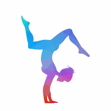 Yoga yapan genç bir kadın düşük polimerli esneme sporu yapıyor. Beyazların üzerinde izole edilmiş.