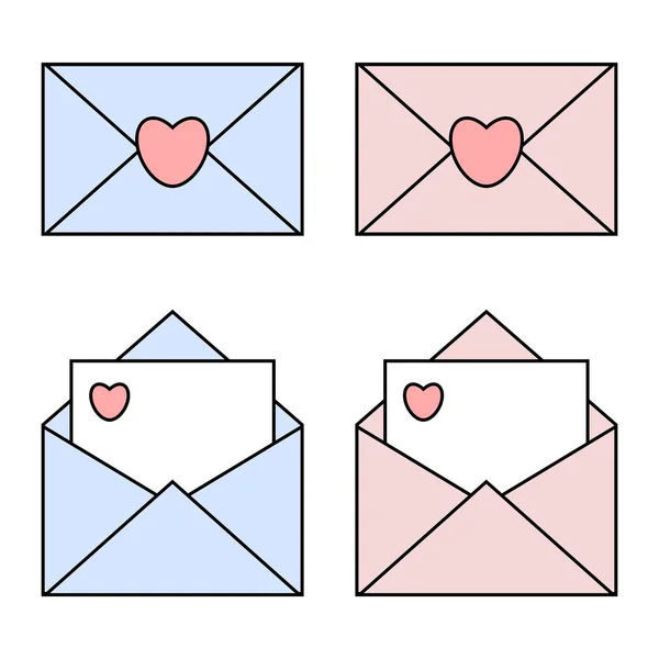 Modré a růžové poštovní lineární ikony se srdečními pečetěmi. Otevřené a zavřené obálky. Valentýnský koncept — Stockový vektor