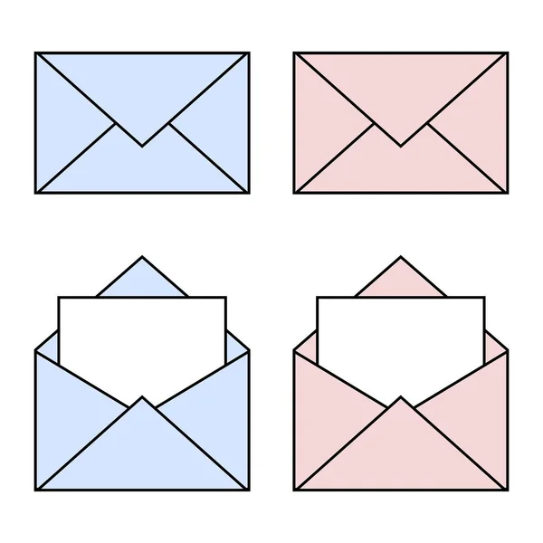 Icone lineari di posta blu e rosa. Buste aperte e chiuse. Simbolo e-mail per il tuo design — Vettoriale Stock