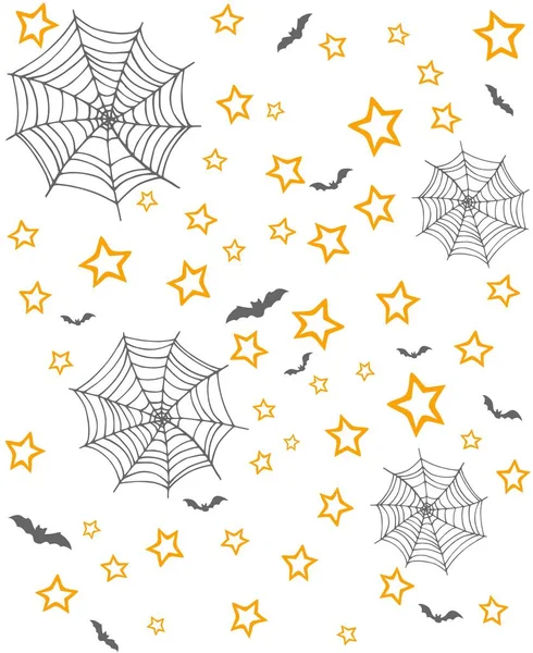 用蜘蛛网、星星和蝙蝠覆盖在白色背景上的无缝光晕图案 — 图库矢量图片