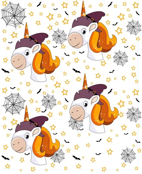 Padrão de Halloween sem costura com unicórnio sorridente bonito com chapéu de bruxa, morcegos, teias de aranha e estrelas —  Vetores de Stock