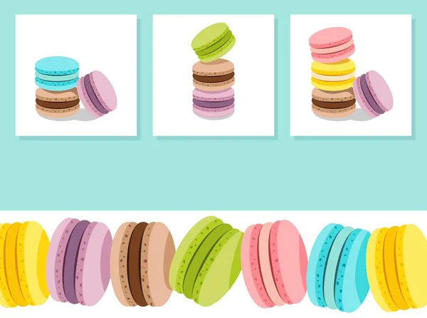 Tarjeta dulce con pila de diferentes galletas francesas macarrones o macarrones — Vector de stock