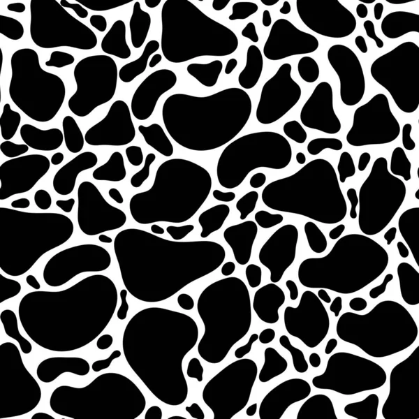 Nahtloses monochromatisches Muster aus runden schwarzen Formen und Punkten. Tierhaut, Kuh kariert — Stockvektor