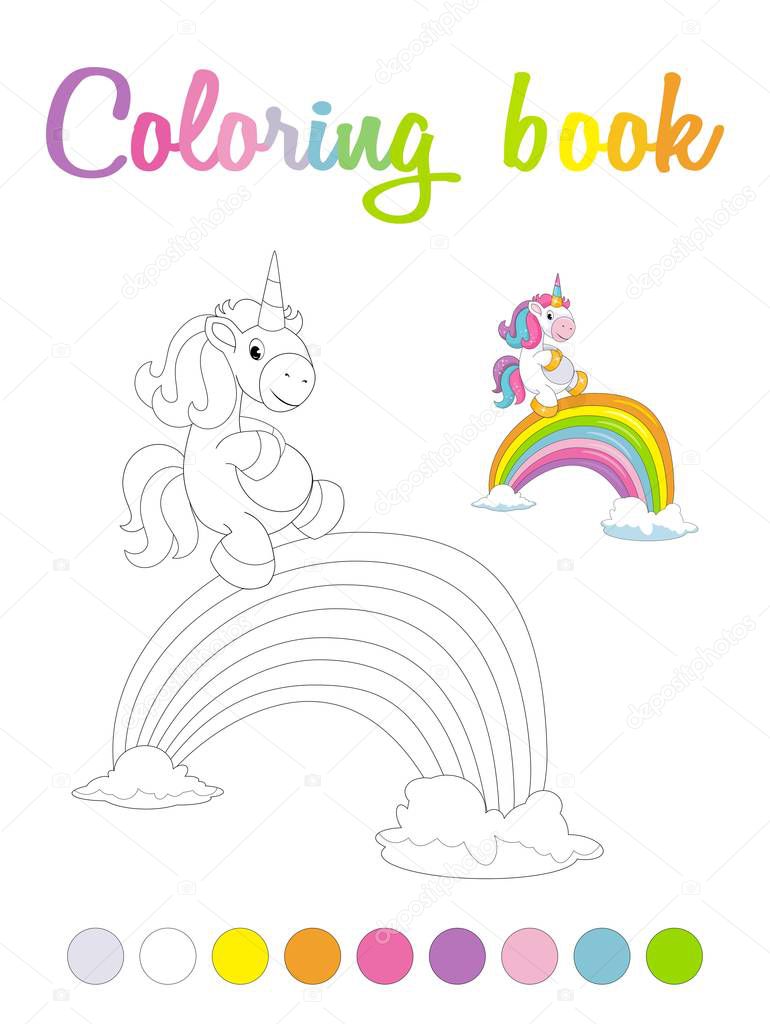 Cartoon unicorn and a rainbow bridge. Cute smiling unicorn coloring book page