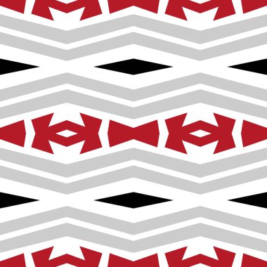Soyut, beyaz, kırmızı, siyah, gri desenli, süslemeli ve zikzak çizgili. Modern arka plan. Süslü elementlerle modaya uygun döşeme tekrarlanıyor. 