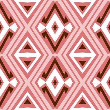 Tekstil tasarımı için kusursuz kırmızı çizgi çizgileri, ambalaj kağıtları, süslü renklerle soyut retro renkli arka plan. Geometrik elementlerle renklendirilmiş döşeme. 