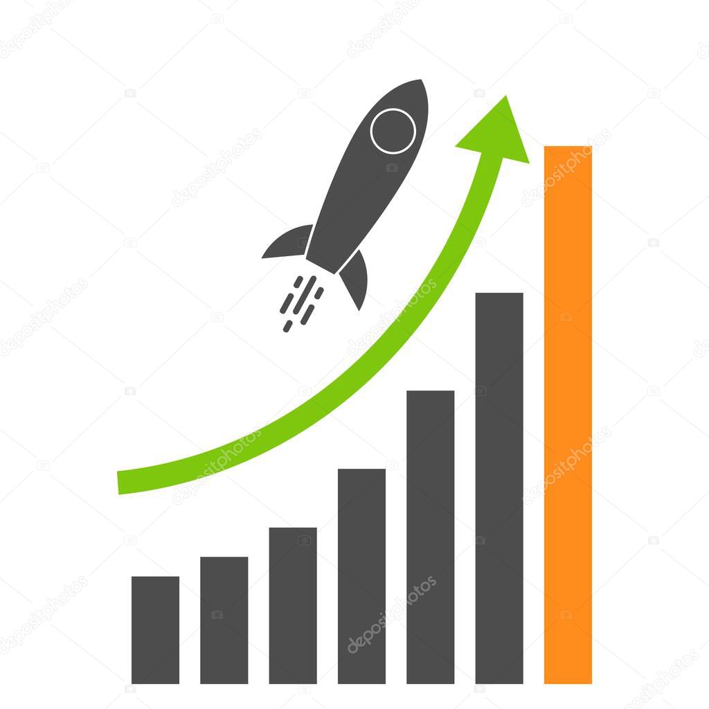 Business growth icon with bar graph and rocket. Concept of growing for successful economics. Graph that shows increase in sales or earnings