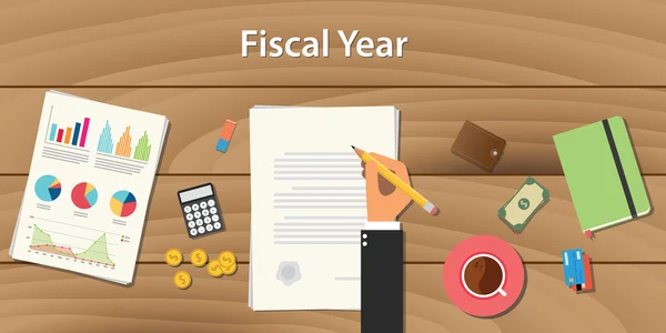Año fiscal concepto ilustración con hombre de negocios trabajando en algún documento de papel gráfico gráfico dinero mesa de madera — Vector de stock