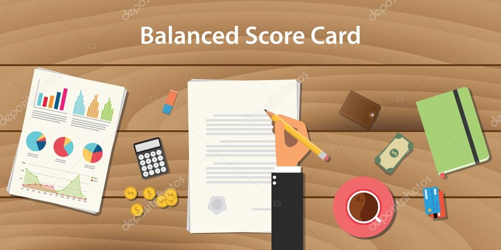 balanced score card concept illustration with business man working on paper document